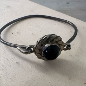 Vintage Mexican Alpaca Sterling And Onyx Hinged Bracelet